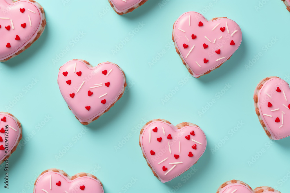Minimal style pattern made of pink heart shape cakes on pastel backgound. Valentine's Day or holiday dessert concept.