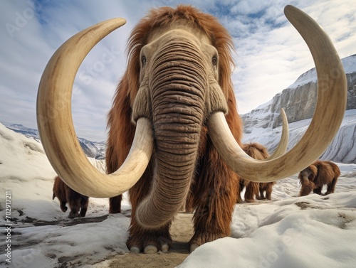 Mammoth in natural habitat with fisheye effect. Illustration for cover, card, postcard, interior design, banner, poster, brochure or presentation. photo
