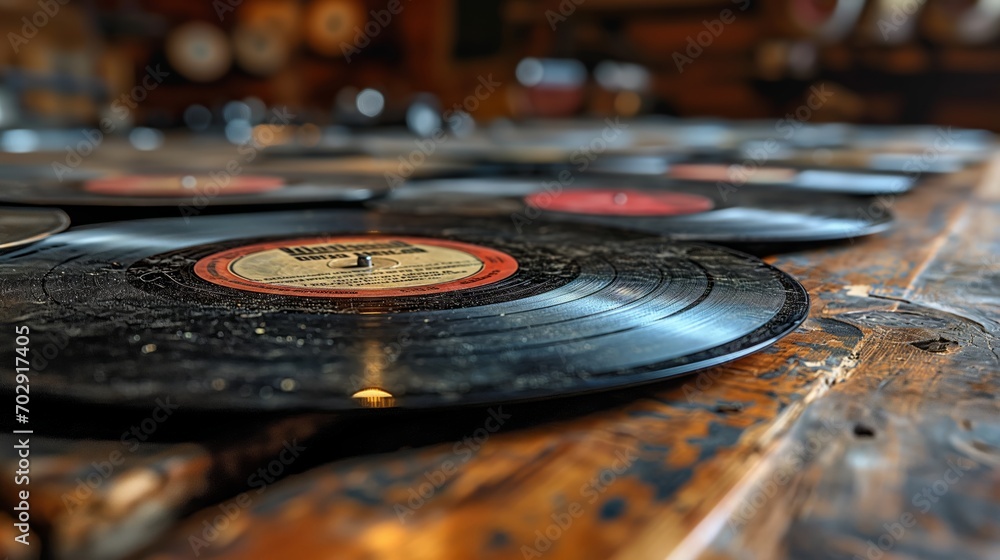 Close-Up of Classic Vinyl Records Spread on a Wooden Table, Highlighting the Age-Old Charm of Analog Music