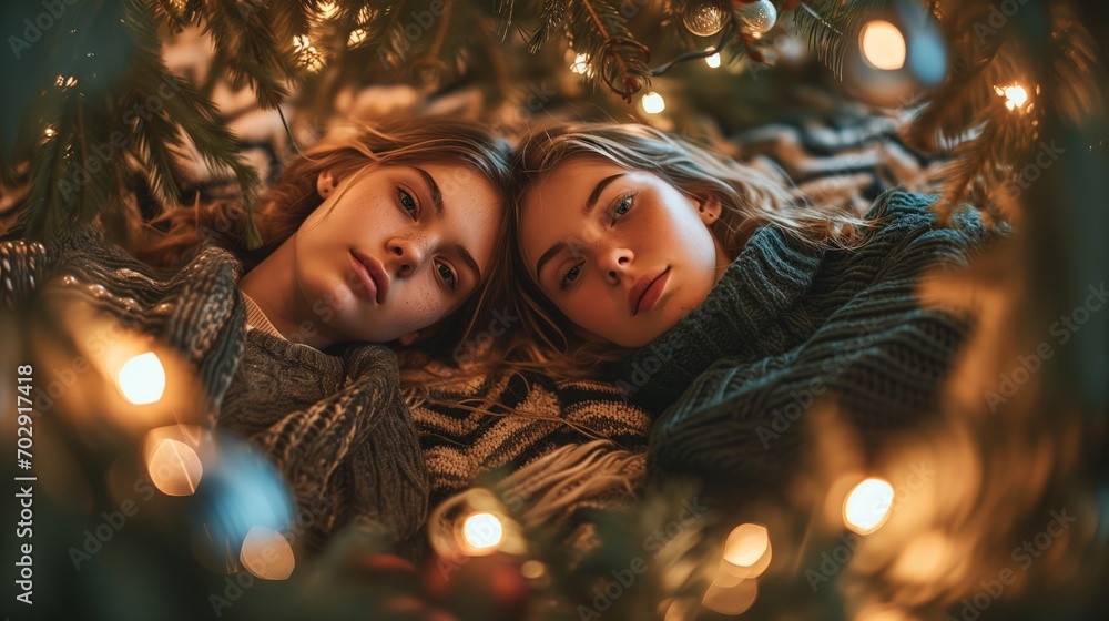 Twin Sisters Lying Among Christmas Lights and Greenery, Sharing a Moment of Holiday Serenity Twin Sisters Lying Among Christmas Lights and Greenery, Sharing a Moment of Holiday Serenity
