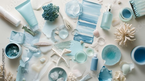 Serene Ocean-Inspired Flat Lay Composition with Shades of Blue, Aquatic Elements, and Skincare Products