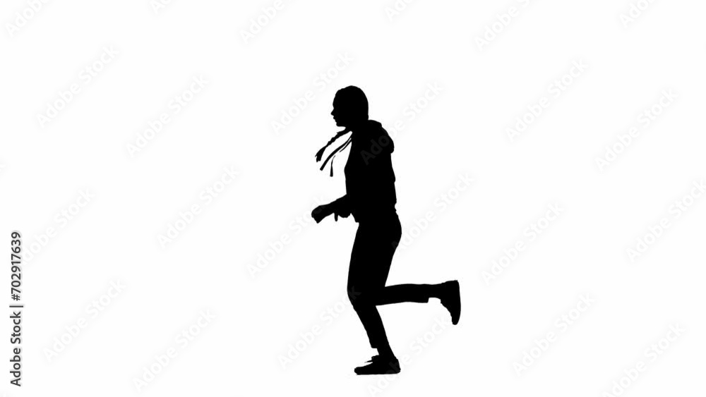 Black silhouette of a woman on a white isolated background. A young girl runs, fearfully looking around, fleeing faster from danger. Side view. Black silhouette of a woman on a white isolated background. A young girl runs, fearfully looking around, fleeing faster from danger. Side view.