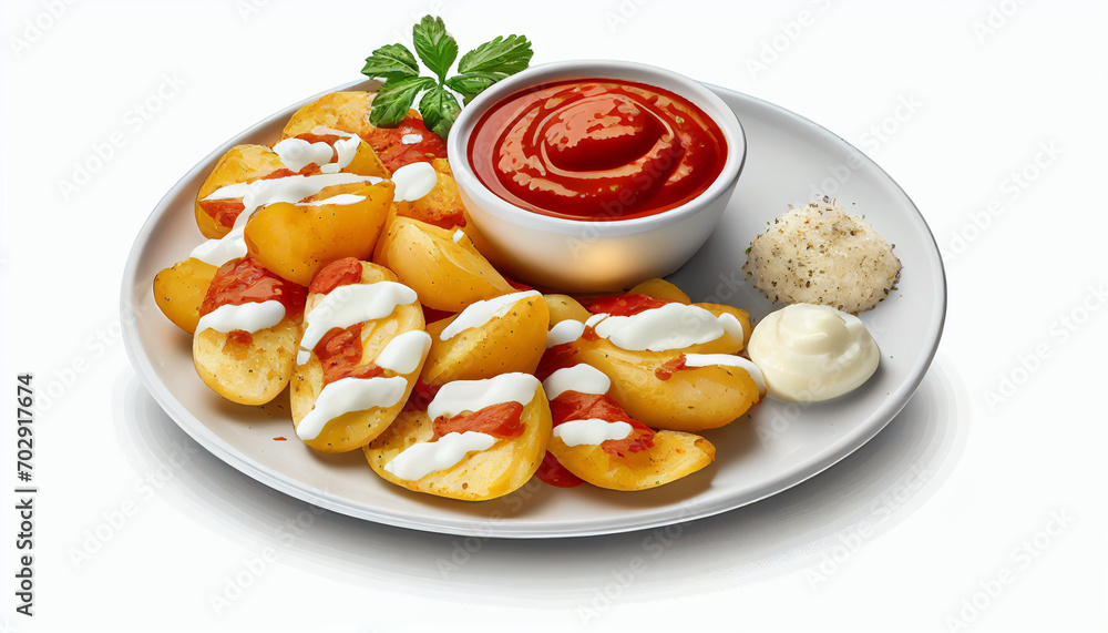 On a white background, fried potatoes with mayonnaise and ketchup are isolated.