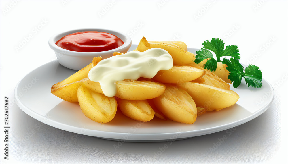 On a white background, fried potatoes with mayonnaise and ketchup are isolated. On a white background, fried potatoes with mayonnaise and ketchup are isolated.