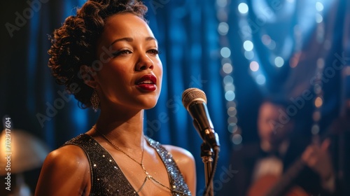 Elegant Jazz Singer Performing Live with a Vintage Microphone on a Club Stage with Bokeh Lights photo