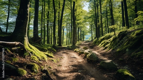 Sunlit Pathway Through Verdant Woods, Inviting Exploration in a Serene Forest Landscape