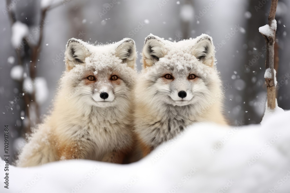 Two arctic white foxes in the snow, snowy forest background Two arctic white foxes in the snow, snowy forest background