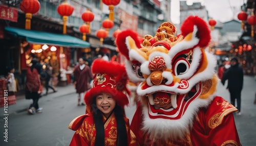 potrait Chinese family with a lion dance in china town © Adi