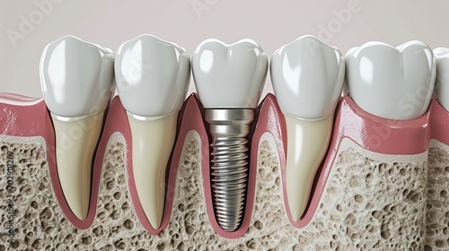 Advanced Dental Implant Procedure: A Detailed Illustration of a Tooth Replacement with a Modern Implant in Gums. photo