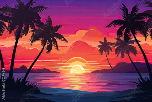 A tropical island sunset banner template, perfect for romantic getaways © PinkiePie