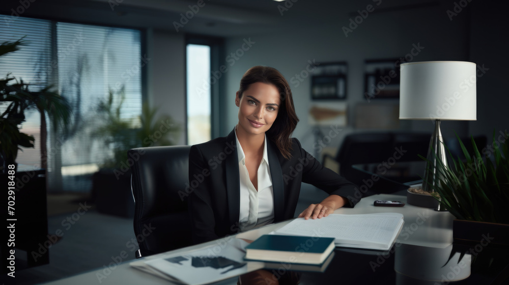 Beautiful brunette woman in stylish business clothes. Successful strong woman, office worker, manager. - obrazy, fototapety, plakaty 