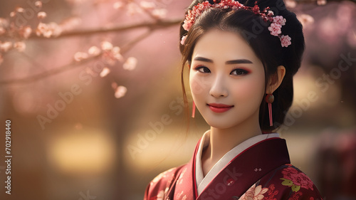 Beautiful asian woman in traditional kimono with cherry blossom