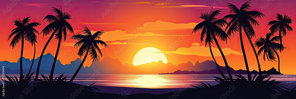 A tropical island sunset banner template, perfect for romantic getaways