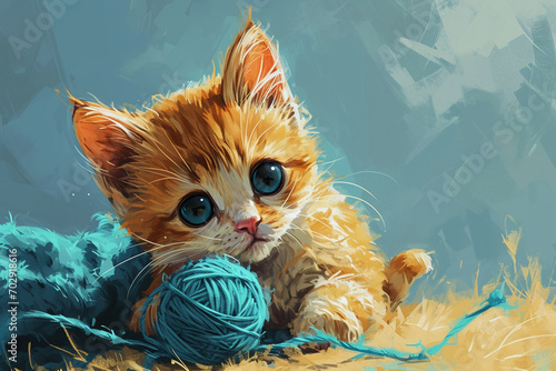 A heart-melting illustration of a round-faced chubby kitten playing with yarn, cheeks squished with playful antics, portraying the delightful and endearing nature of fluffy feline photo