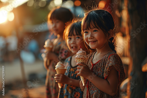 cute and happy smiling kids eating ice-cream in summer on street © Masson