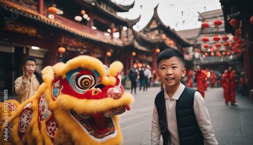 potrait Chinese family with a lion dance in china town photo