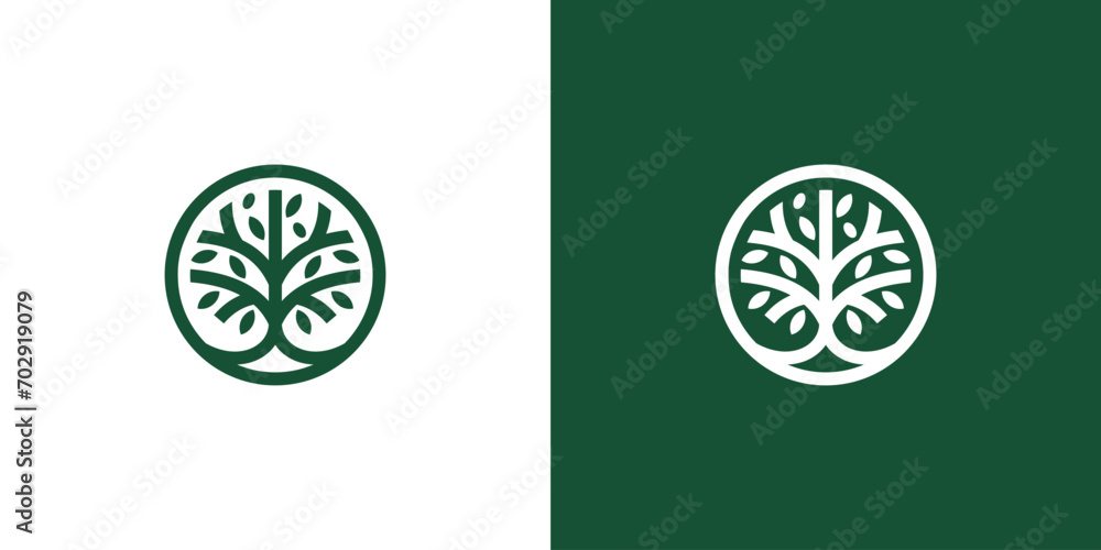 line art nature logo vector design oak tree inside circle, abstract tree logo symbol inside circle	 - obrazy, fototapety, plakaty 