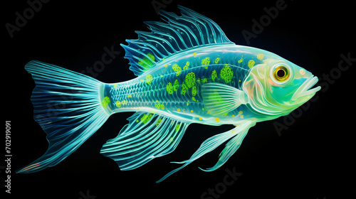 Translucent fish with neon glowing on dark