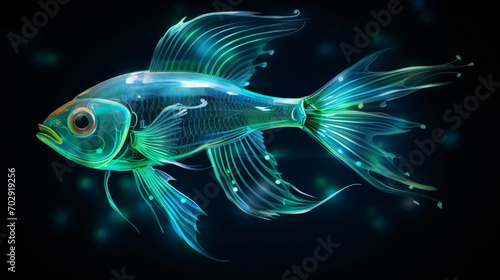 Translucent fish with neon glowing on dark