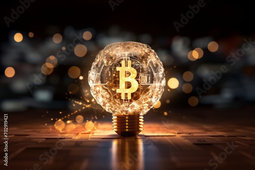 bitcoin sign glowing in a lightbulb with bokeh background. invention crypto currency concept. cyberspace banking technology blockchain idea solution theme.