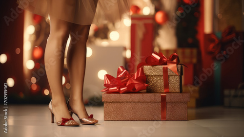 Female legs in heels and festive gift boxes AI