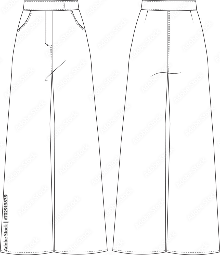 wide leg sailor palazzo pant trouser template technical drawing flat sketch cad mockup fashion woman design style model denim jean - obrazy, fototapety, plakaty 