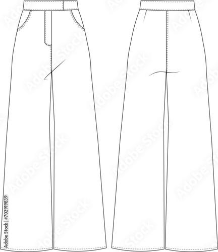 wide leg sailor palazzo pant trouser template technical drawing flat sketch cad mockup fashion woman design style model denim jean