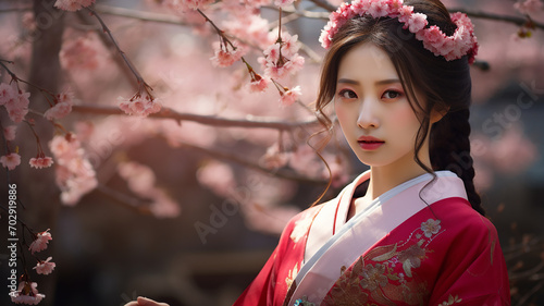 beautiful asian girl in kimono with cherry blossom