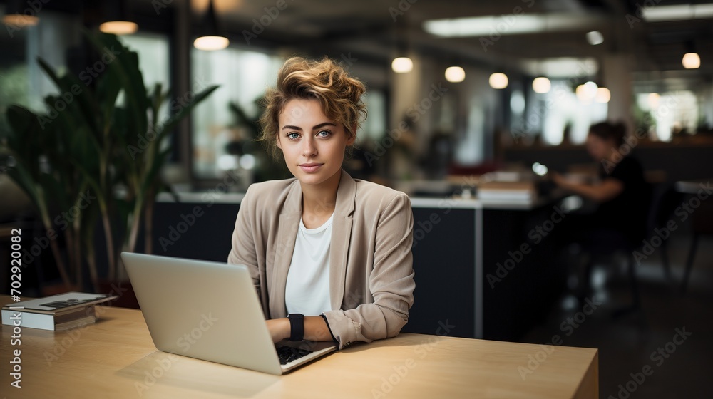 Blond short haired young adult office worker ai generated portrait image copy space