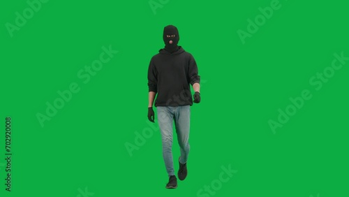 Portrait of thief on chroma key green screen background. Man robber wearing hoodie, jeans and black balaclava, walking getting ready for making a crime. photo