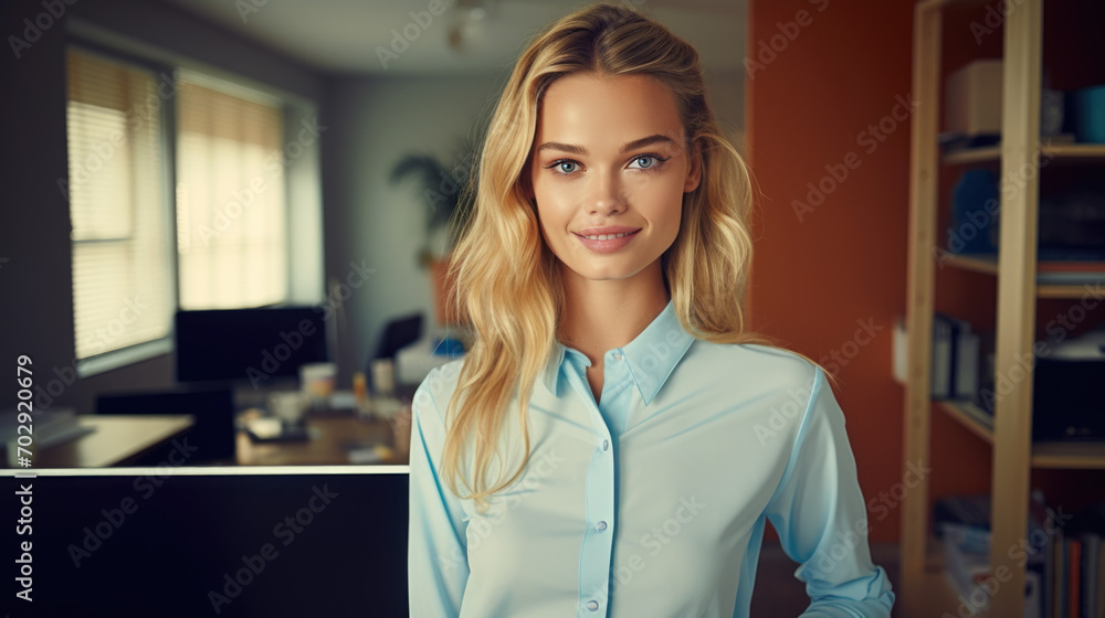 Beautiful blonde woman in stylish business clothes. Successful strong woman, office worker, manager.