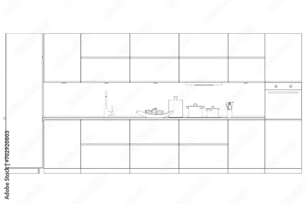 Kitchen interior furniture isolated on a white background, outline illustration, sketch Kitchen interior furniture isolated on a white background, outline illustration, sketch