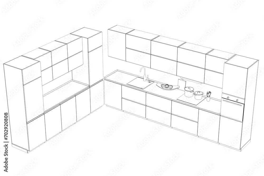 Fototapeta premium Kitchen interior furniture isolated on a white background, outline illustration, sketch