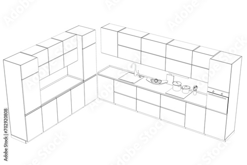 Kitchen interior furniture isolated on a white background, outline illustration, sketch