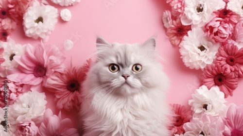 Light grey white cat on the pink background in pink and white floral frame