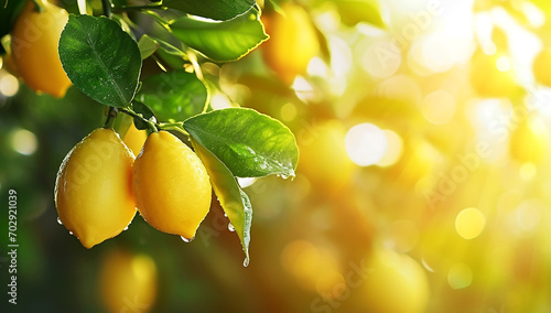 Lemon tree with ripe fresh yellow lemons and dew drops on blurred citrus fruit farm agriculture background,closeup, design copy space for text.NON GMO and Organic Products concept. photo