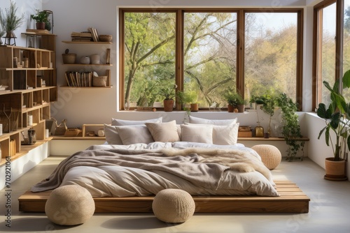 Modern bedroom in white and beige colors. Panoramic view of nice cozy bedroom with summer outdoor view.