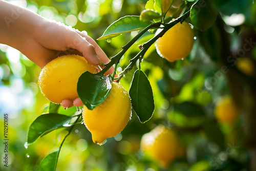 Close-up of hand picking yellow lemon from lemon tree branch with dew drops in lemon trees plantation.NON GMO and Organic Products concept. 