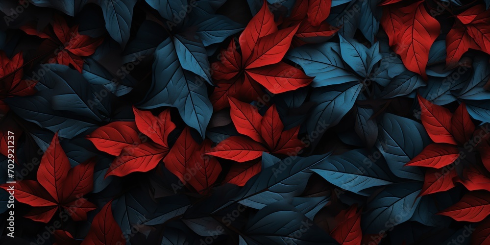 Fall foliage in a variety of shades serves as a backdrop. Design with vibrant red and blue tropical foliage. Stylish design for outdoor decor. A top-down perspective with a copy-and-paste overlay. Fall foliage in a variety of shades serves as a backdrop. Design with vibrant red and blue tropical foliage. Stylish design for outdoor decor. A top-down perspective with a copy-and-paste overlay.