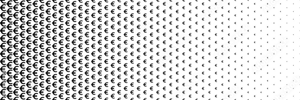 horizontal black halftone of euro currency sign design for pattern and background.