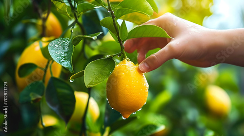 Close-up of hand picking yellow lemon from lemon tree branch with rain drops in lemon trees plantation.NON GMO and Organic Products concept. 