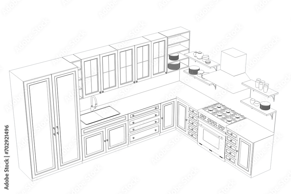 Kitchen interior furniture isolated on transparent background, outline illustration, sketch