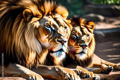 portrait of a lion, Pair of adult Lions in zoological garden stock photo- photo