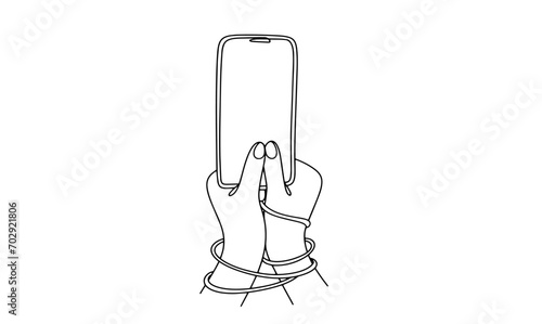 Hands. Mobile phone. Addiction. One line