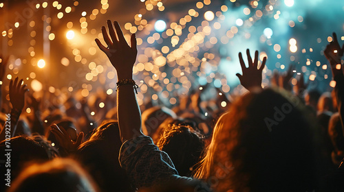 folla vista di spalle a un concerto, grande festa con luci e coriandoli, mani alzate a ballare photo