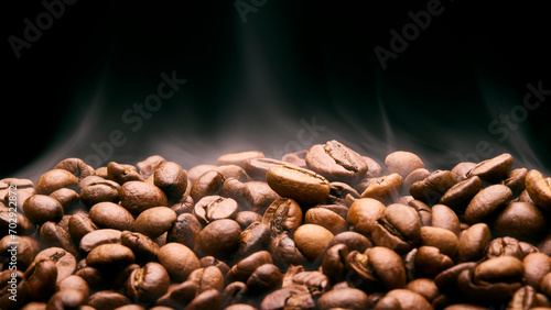 Close Up Studio Shot Of Smoking Roasted Coffee Beans Against Black Background