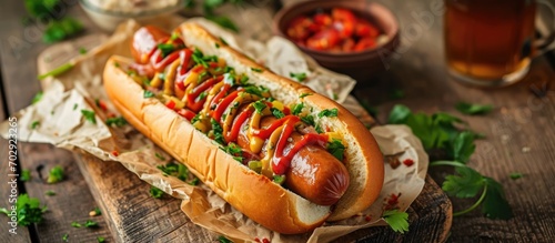 Traditional hot dog on wooden table with beverage