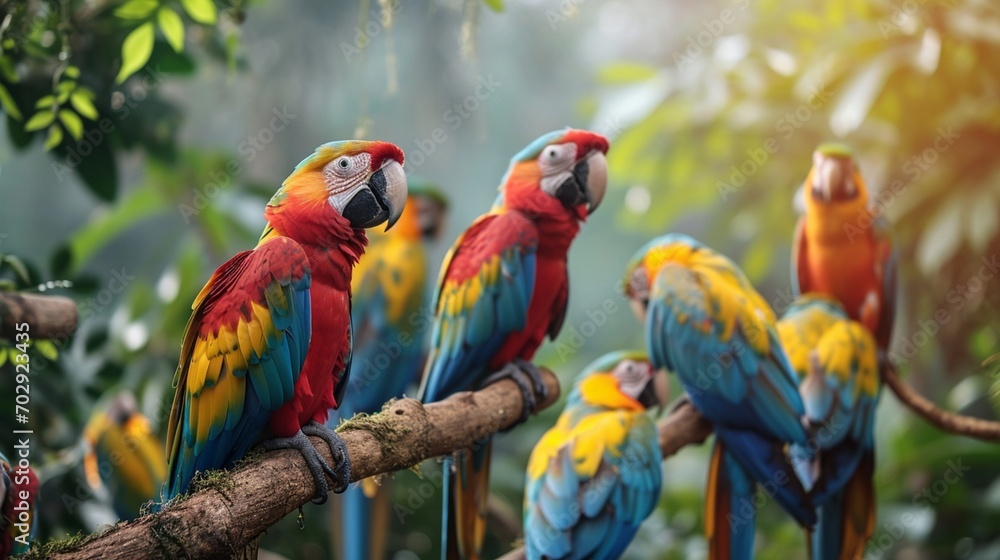 A group of vibrant, colorful parrots perched on a tree branch, set against a vivid rainforest background, in soft morning light.