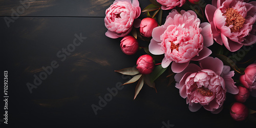 Flower frame with pink peonies on the dark background. Visual concept for greeting card, invitation or romantic event, flatlay banner with space for text photo