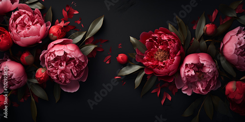 Flower frame with red and pink peonies on the dark background. Visual concept for greeting card, invitation or romantic event, flatlay banner with space for text photo
